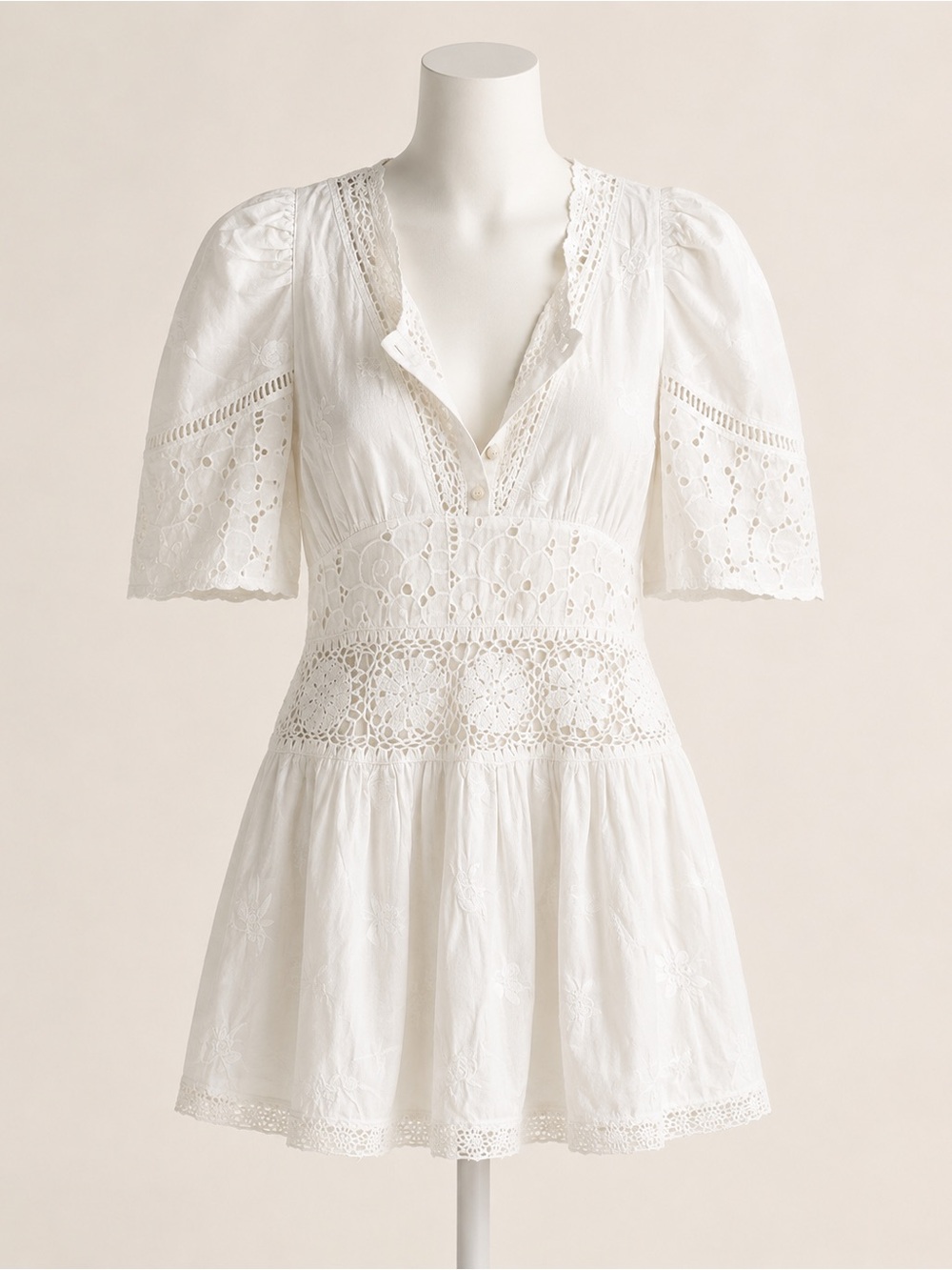 LoveShackFancy White Eyelet Crochet Lace Puff Sleeve Mini Dress